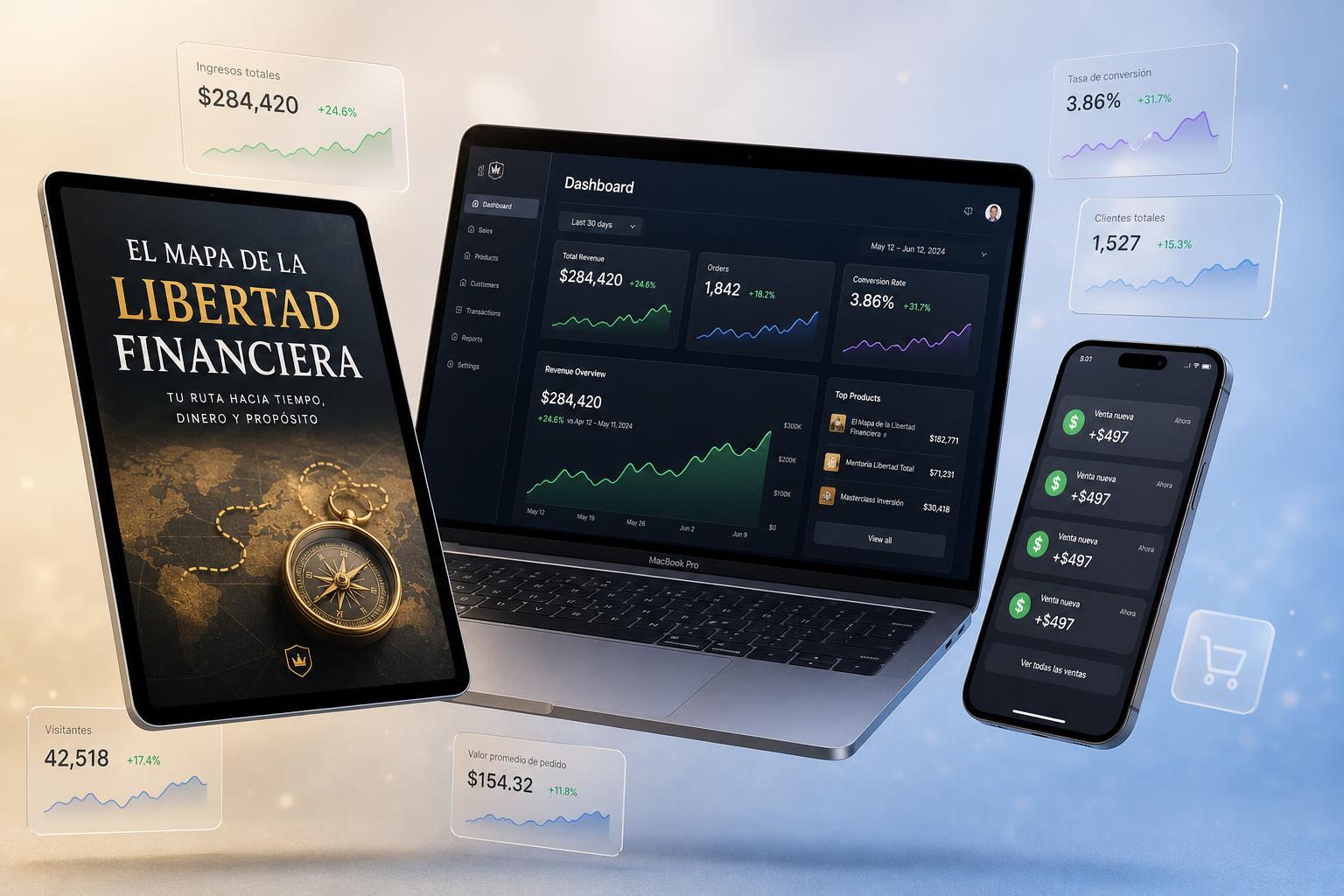 Mockup del Workshop Amatrix: ebook impreso con dashboard en iPhone y landing en iPad