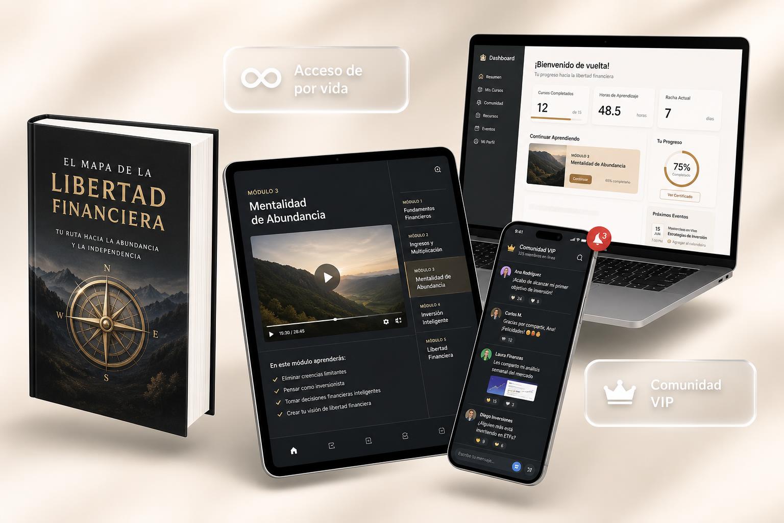 Mockup dinámico: ebook AMATRIX METHOD con tablet de módulos y comunidad en móvil